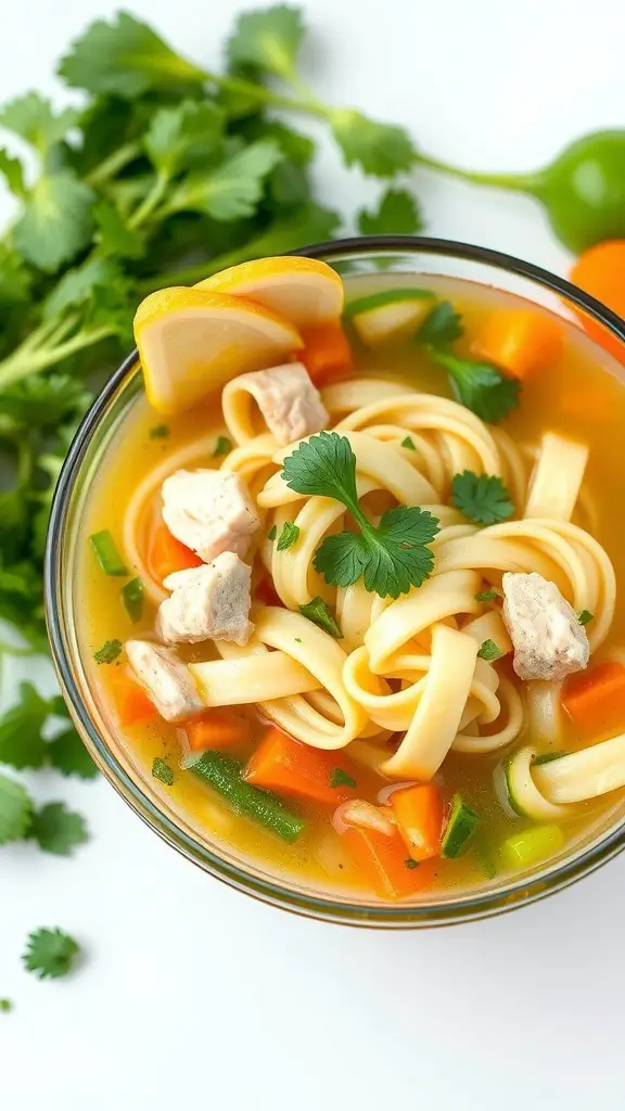 A bowl of Zucchini Noodle Chicken Soup with chicken, vegetables, and herbs.