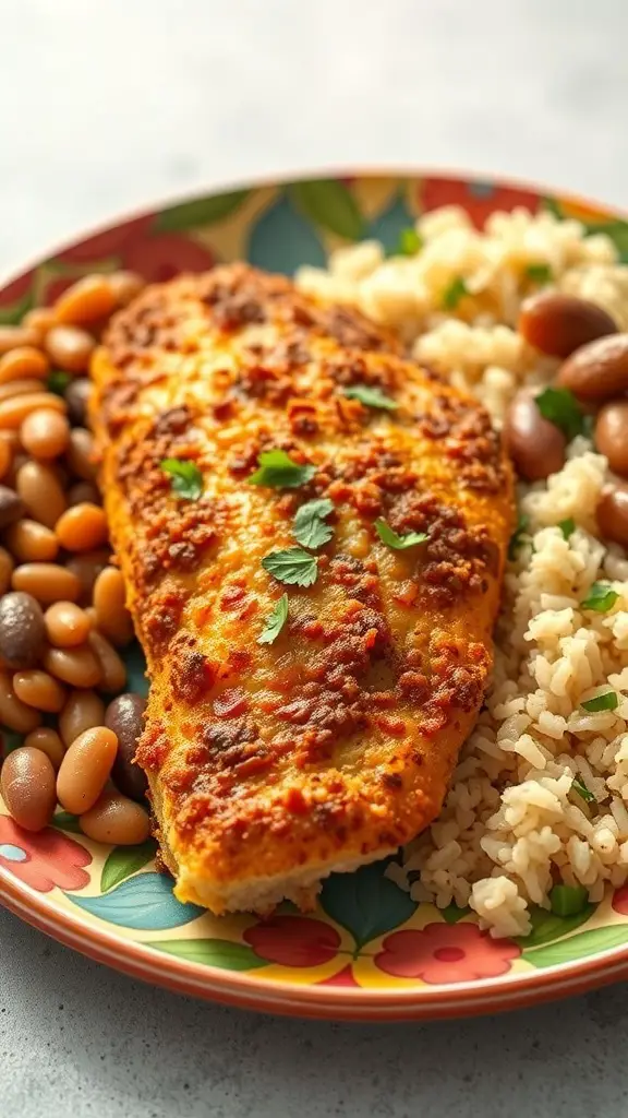 A plate of spicy Cajun breaded tilapia served with rice and beans.