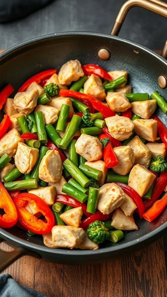 A colorful turkey and vegetable stir-fry in a black skillet