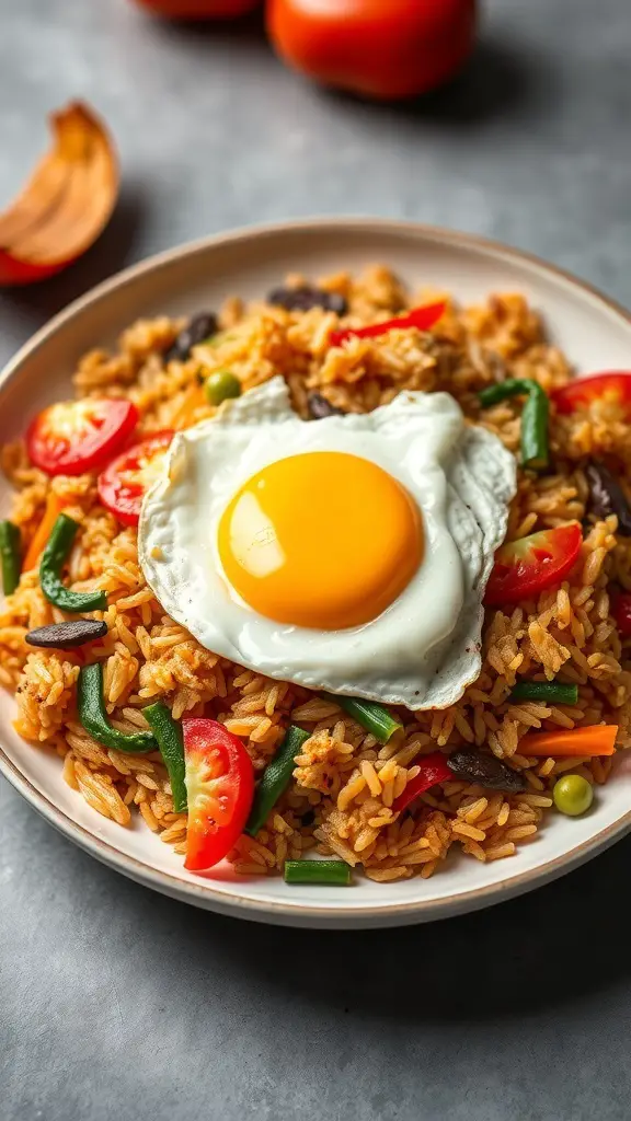 A plate of turkey fried rice topped with a fried egg and colorful vegetables.