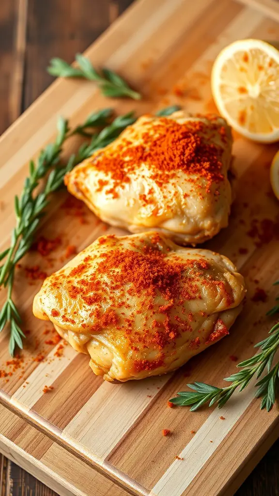 Crispy baked chicken thighs seasoned with paprika on a wooden cutting board, garnished with lemon slices and herbs.