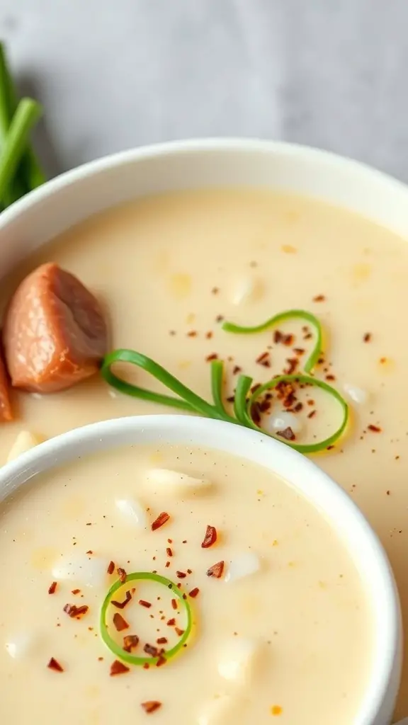 Two bowls of creamy potato leek soup garnished with green onions and red pepper flakes.