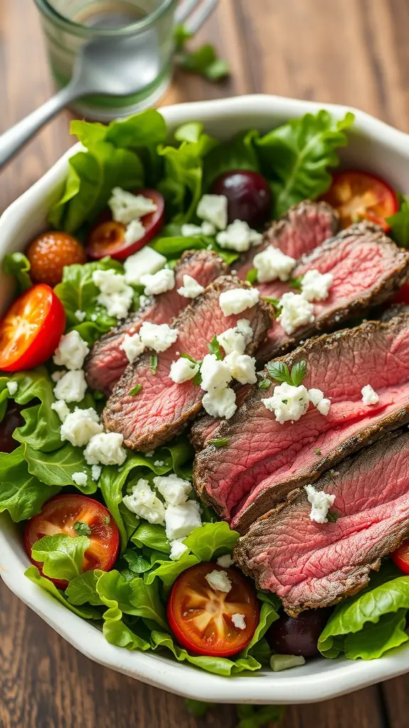 A delicious venison steak salad topped with blue cheese, cherry tomatoes, and fresh greens.
