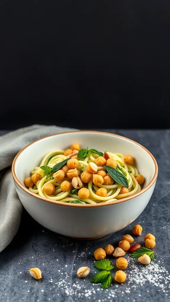 A bowl of zucchini noodles topped with chickpeas and pesto, garnished with fresh herbs and nuts.