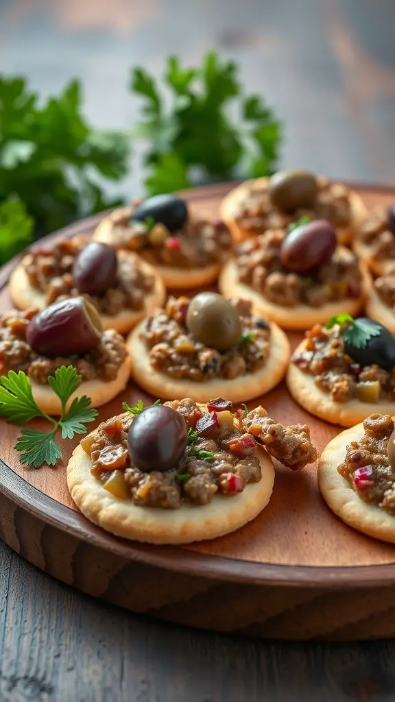 A wooden platter with crackers topped with Mediterranean olive tapenade and garnished with olives and herbs.