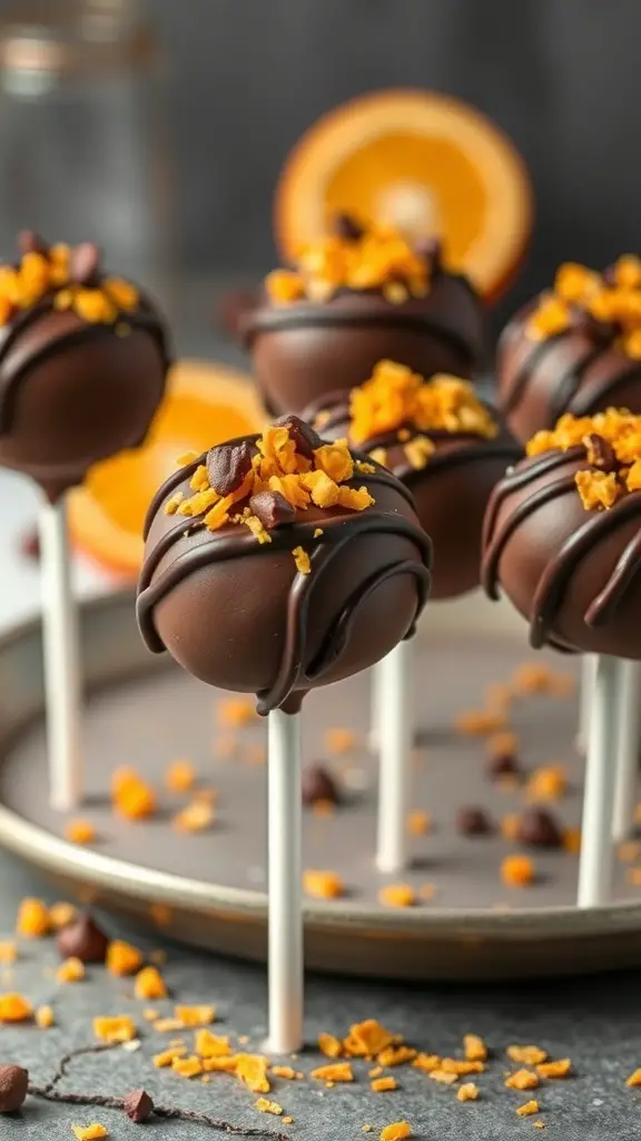 Chocolate orange cake pops decorated with orange zest and chocolate drizzle