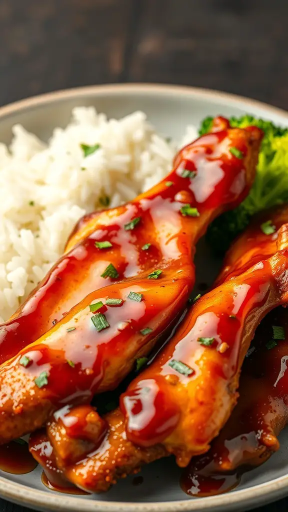 Plate of teriyaki chicken tenders with rice and broccoli