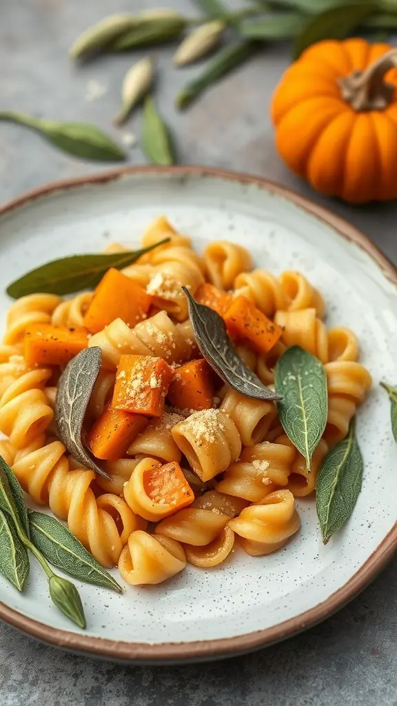 A plate of cavatappi pasta with butternut squash and sage, garnished with cheese and fresh sage leaves.