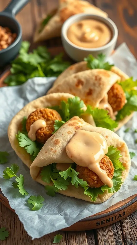 Mini pita pockets filled with falafel, fresh greens, and sauce on a wooden platter.