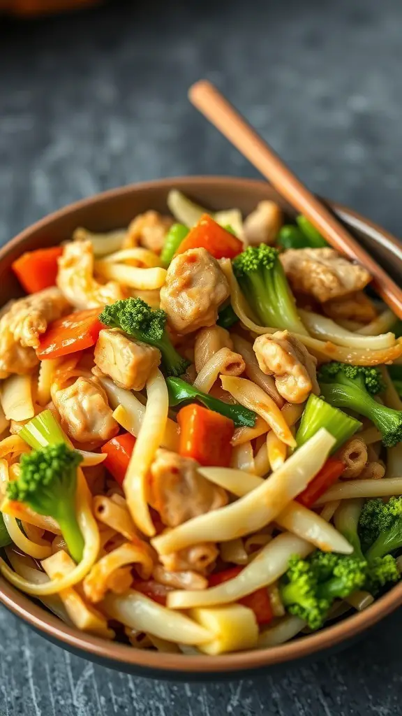 A bowl of cabbage and chicken stir-fry with colorful vegetables
