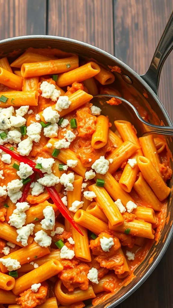 Buffalo Chicken Pasta Casserole with rigatoni, orange sauce, blue cheese, and green onions