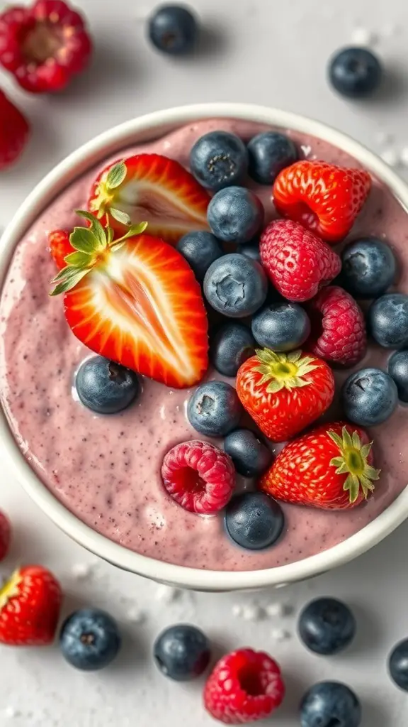 A smoothie bowl topped with fresh strawberries, blueberries, and raspberries.