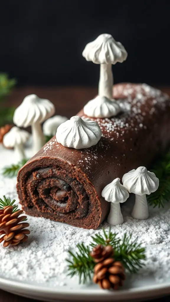 Chocolate Yule Log decorated with meringue mushrooms and pinecones