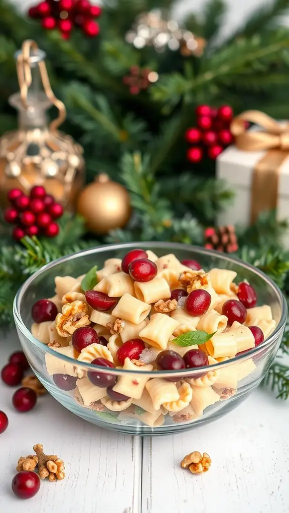 A bowl of pasta salad with cranberries and walnuts, surrounded by festive decorations.