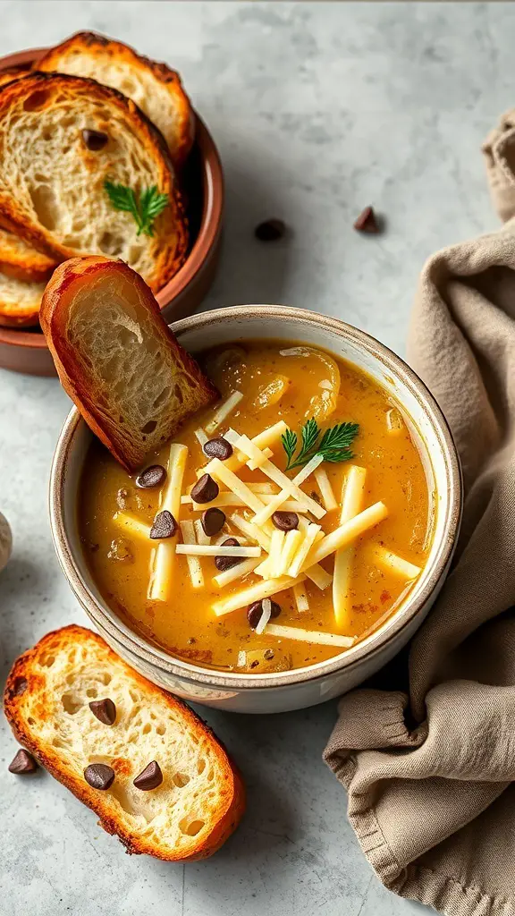 A bowl of French onion soup topped with Gruyere cheese and served with toasted bread.