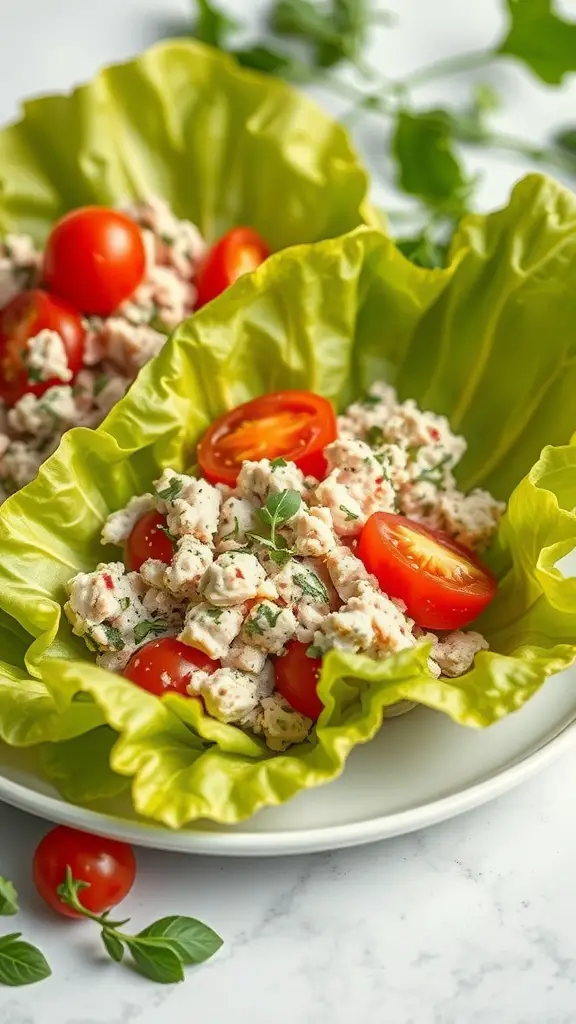 Tuna salad in lettuce wraps with cherry tomatoes