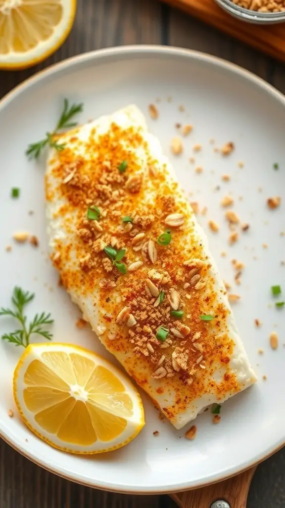 A plate of crispy baked cod garnished with almond flour, spices, and lemon slices.