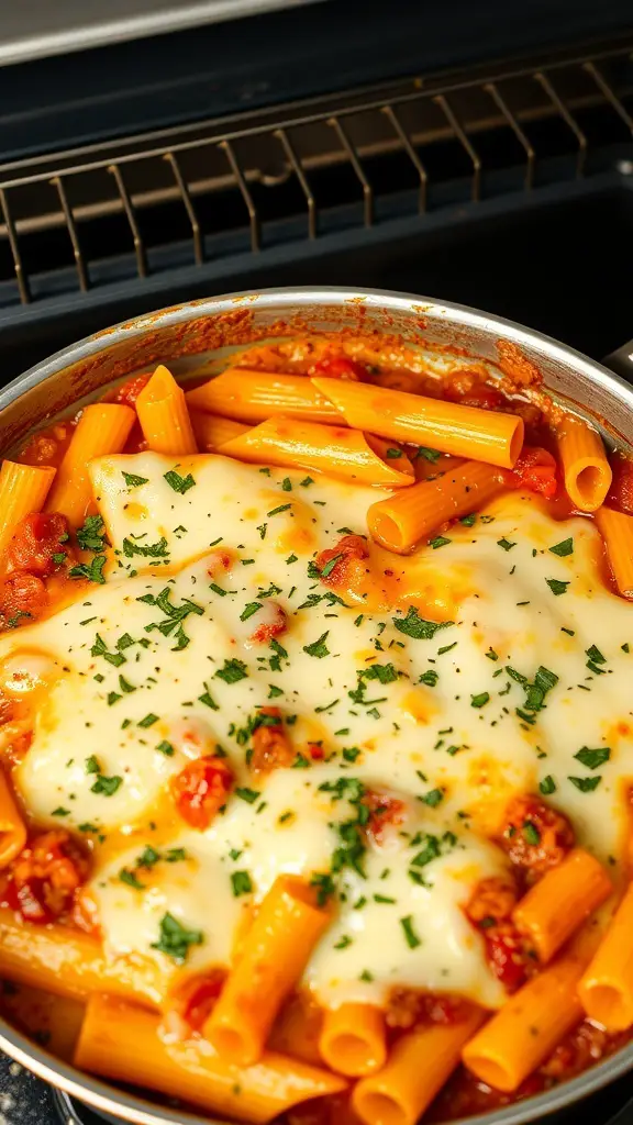 A pot of One-Pan Italian Pasta Bake with rigatoni, marinara sauce, and melted cheese.