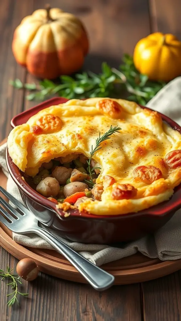A delicious Turkey and Vegetable Shepherd's Pie with a golden cheesy topping, surrounded by pumpkins and herbs.