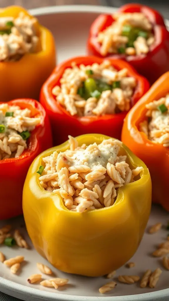Colorful bell peppers stuffed with shredded turkey and pasta
