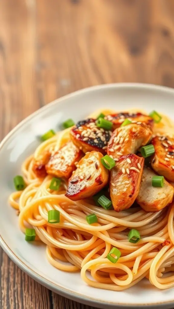 A plate of sesame noodles topped with grilled chicken and green onions