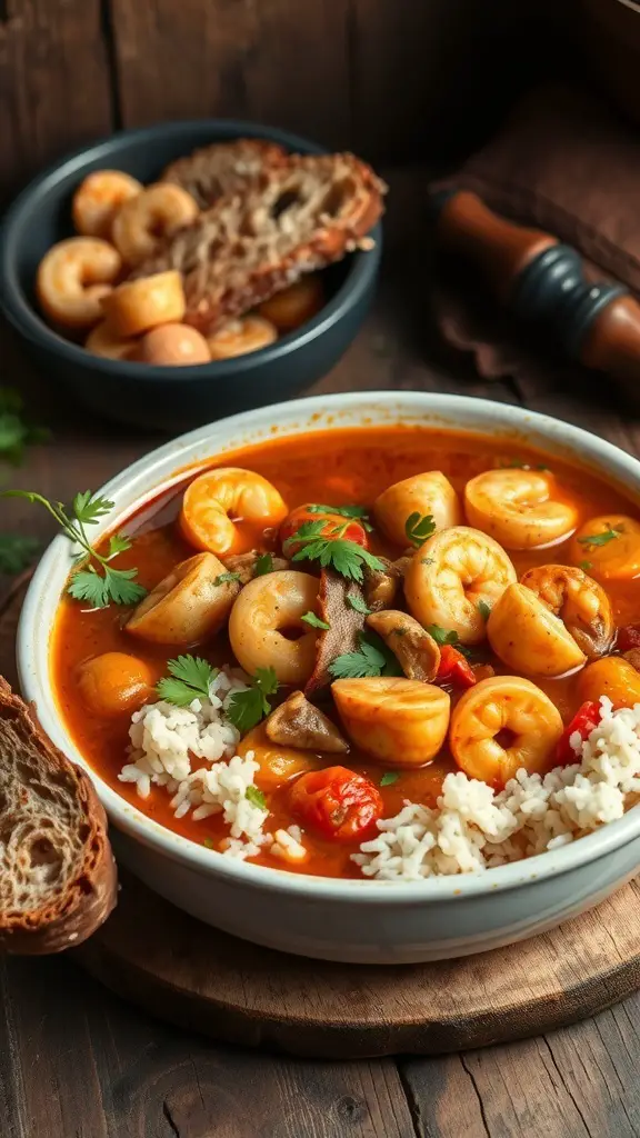 A bowl of seafood gumbo with rice, garnished with cilantro, alongside a slice of bread.