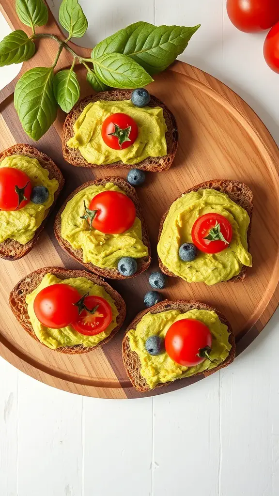 A wooden platter with mini avocado toasts topped with cherry tomatoes and blueberries.