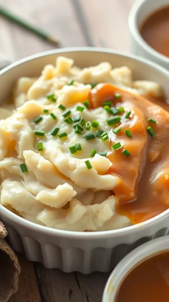 A bowl of creamy mashed potatoes topped with chives and gravy, served with a side of gravy.