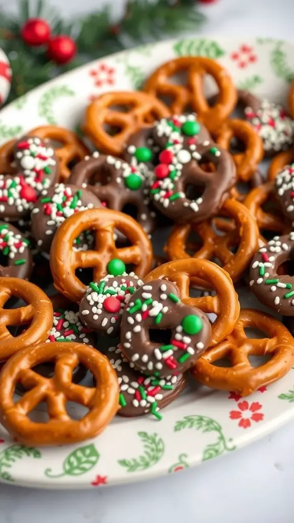 A plate of chocolate-covered pretzels decorated with sprinkles, perfect for Christmas finger foods.