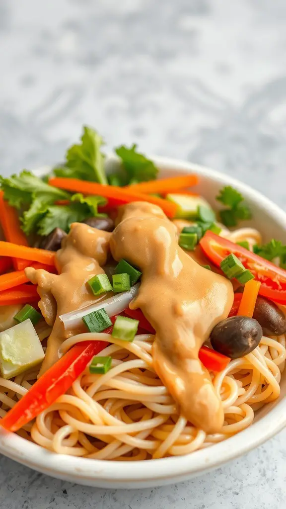 A bowl of cold noodle salad topped with peanut dressing and colorful vegetables.