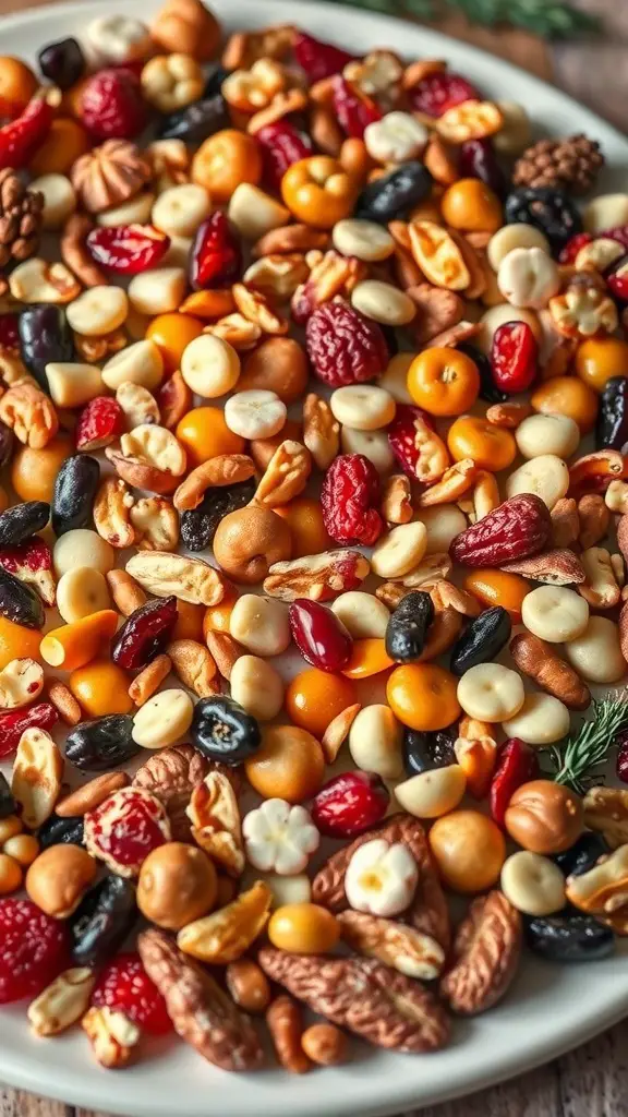 Colorful mix of nuts and dried fruits on a plate, perfect for holiday treats.
