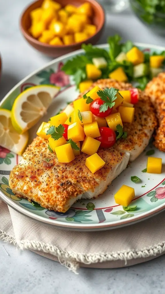 A plate of breaded tilapia topped with mango salsa, garnished with lemon slices and fresh herbs.