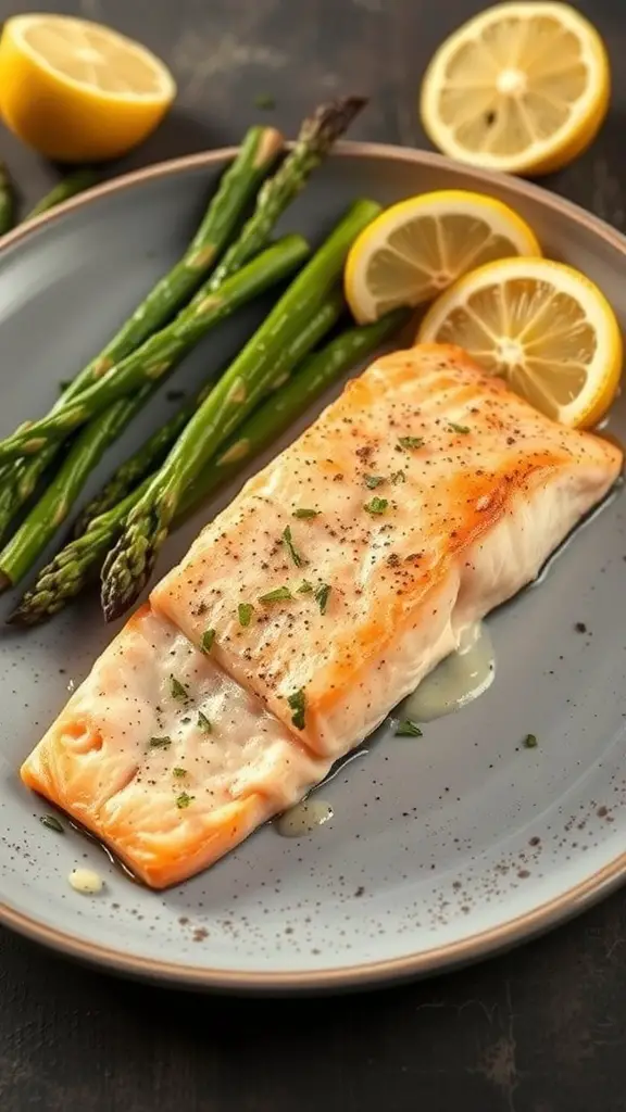 Baked salmon fillet with asparagus and lemon slices on a plate