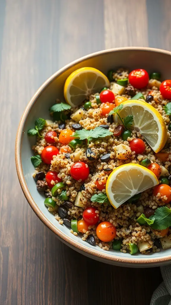 A bowl of roasted vegetable quinoa salad with lemon slices and colorful vegetables.