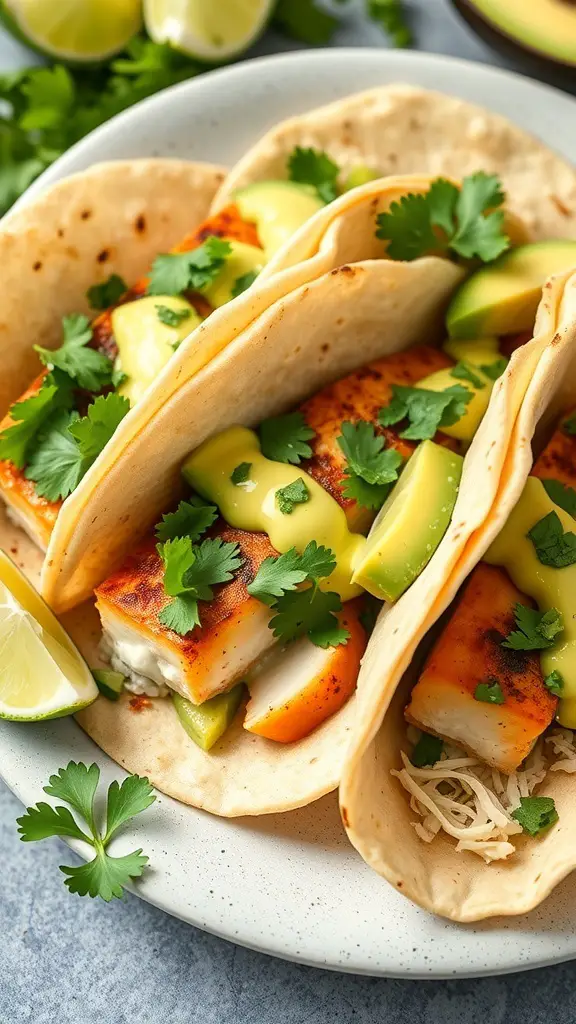 Fish tacos with avocado lime sauce, garnished with cilantro and lime.