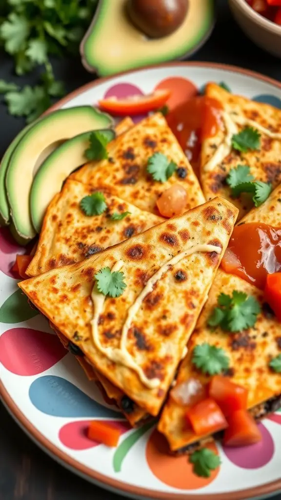 Plate of sweet potato and black bean quesadillas garnished with cilantro and served with avocado and salsa.