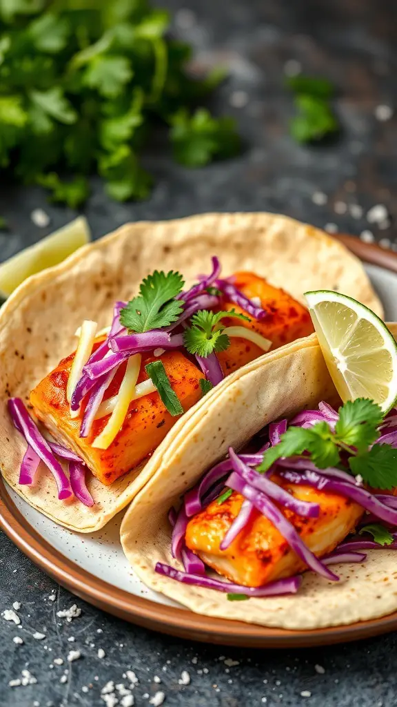 Spicy salmon tacos with cabbage slaw, garnished with cilantro and lime