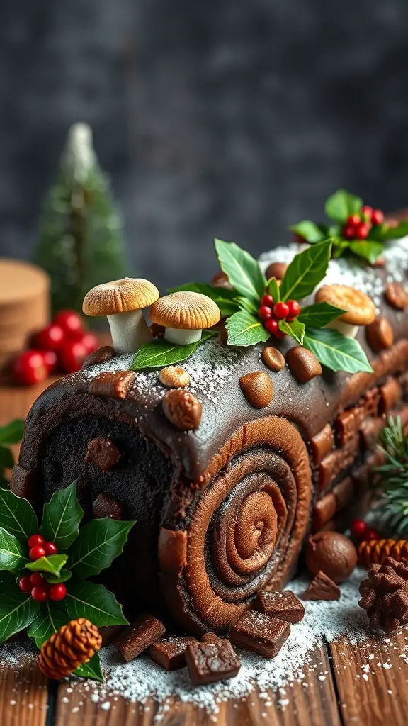A beautifully decorated Chocolate Yule Log Cake with mushrooms and holly leaves