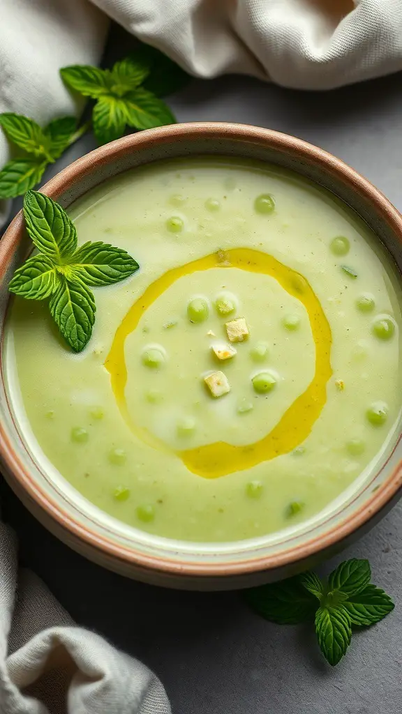 A bowl of pea and mint soup garnished with mint leaves and a drizzle of olive oil.