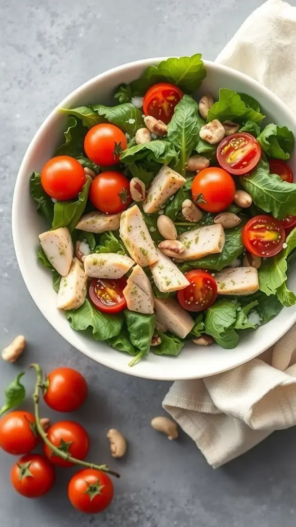 A bowl of pesto chicken salad with cherry tomatoes and greens.