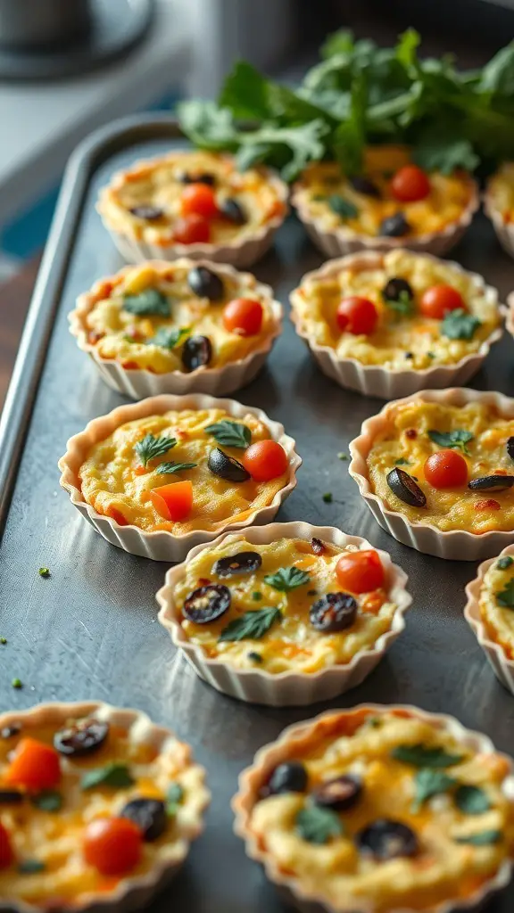 A tray of mini quiches filled with seasonal vegetables like cherry tomatoes and olives, garnished with fresh herbs.