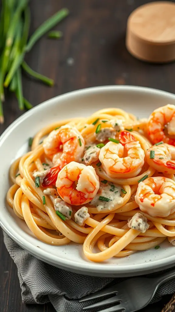 A plate of lobster and shrimp fettuccine with creamy sauce and fresh herbs.