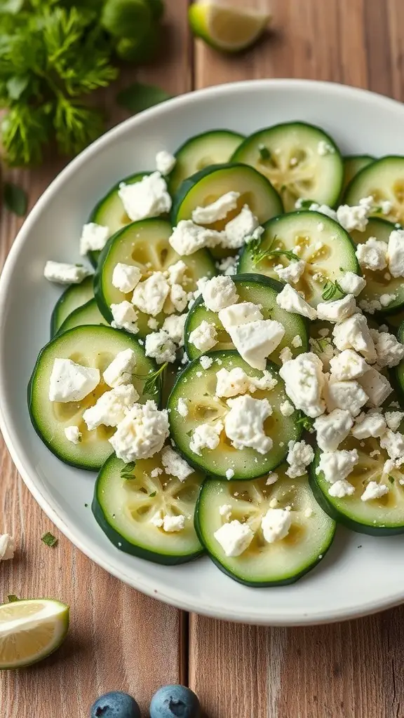 A plate of cucumber slices topped with crumbled feta cheese, garnished with herbs.
