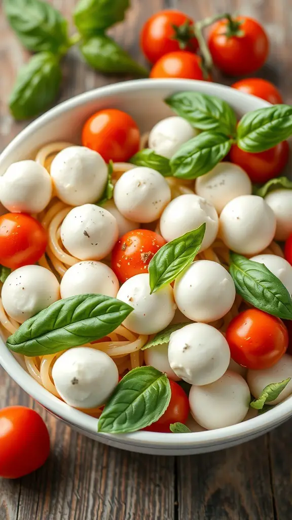 A bowl of Caprese Pasta Salad with cherry tomatoes, mozzarella balls, and basil.