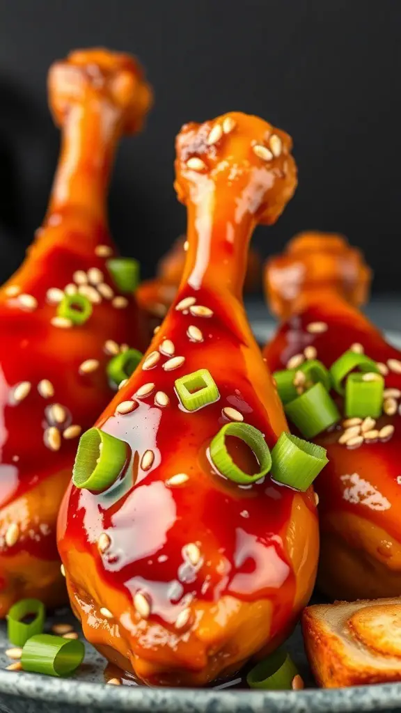 Sweet and sour turkey drumsticks garnished with sesame seeds and green onions