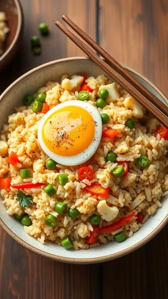 A bowl of cauliflower fried rice topped with a fried egg and colorful vegetables