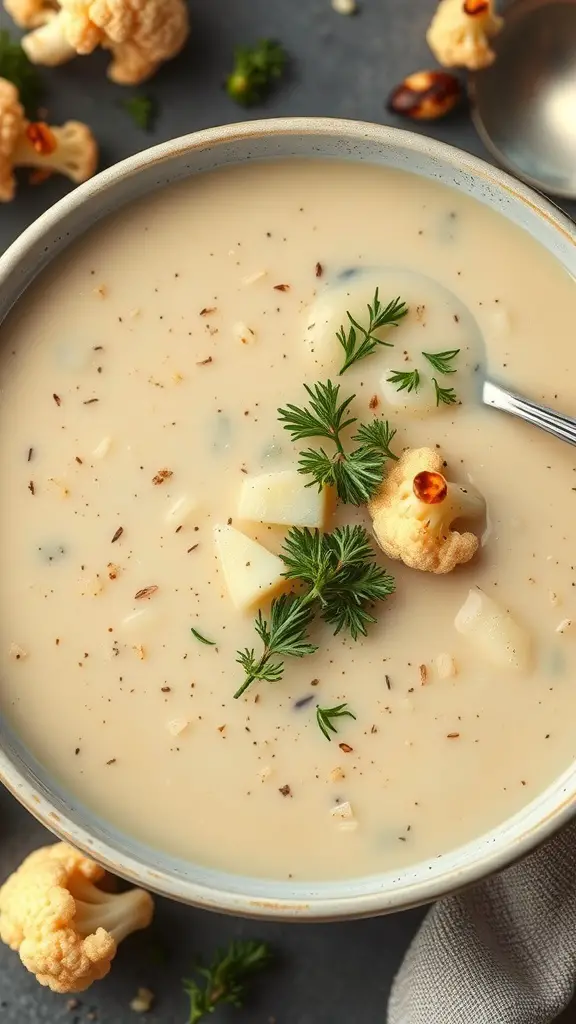 A bowl of creamy cauliflower and leek soup garnished with herbs and pieces of cauliflower.