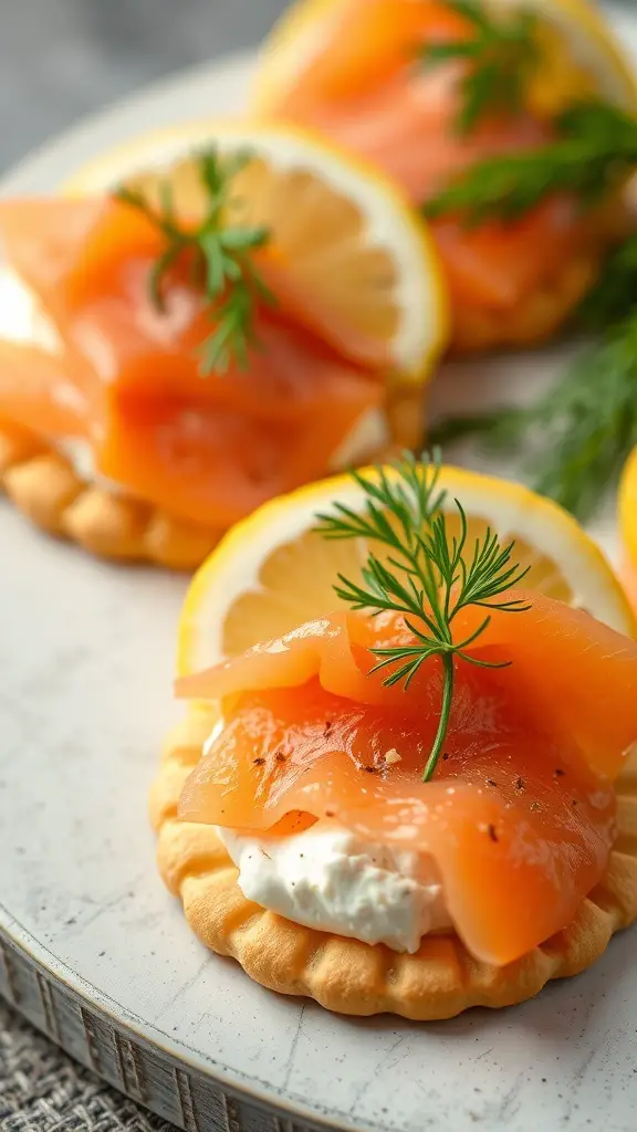 Smoked salmon and cream cheese bites on Ritz crackers with lemon and dill.