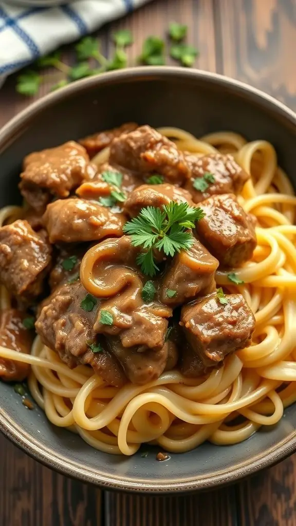 A bowl of Beef Stroganoff with noodles, topped with parsley.