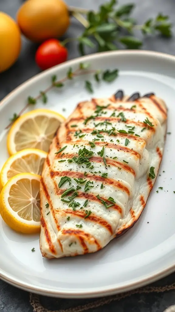 Grilled tilapia fillet garnished with herbs and lemon slices on a plate